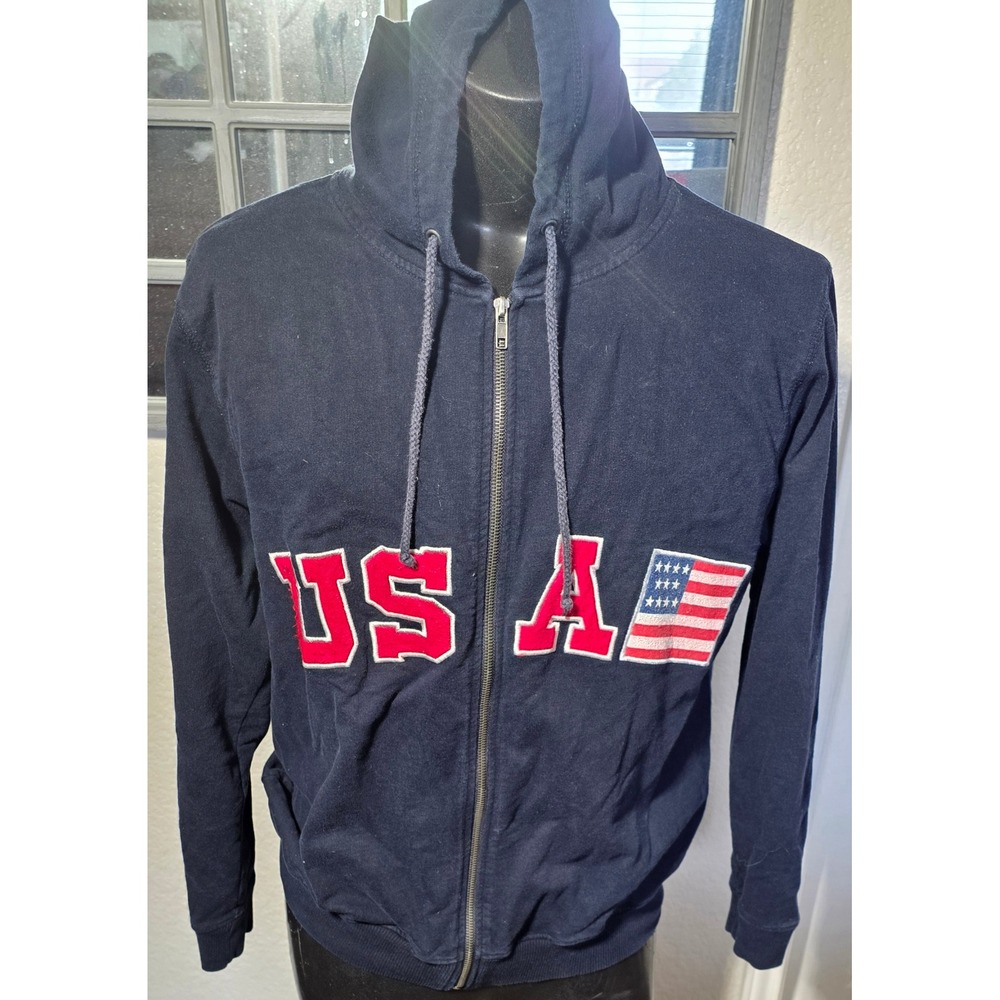 Liz Claiborne Navy Blue USA Flag Full Zip Hoodie Sweatshirt Large